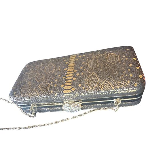 Katie Landry Snake Print Metallic Chain Clutch Purse With Rhinestone Clasp - Picture 3 of 5